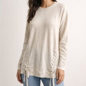 Autumn Cashmere 100% Cashmere Cream Lace-Up Side Long Sleeve Top Size S Petite